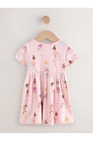 % 100 Pamuklu Pembe Balerin Desenli Kısa Kollu Elbise