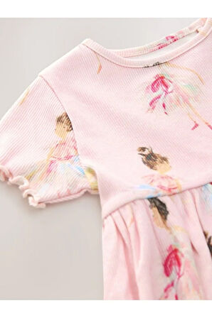 % 100 Pamuklu Pembe Balerin Desenli Kısa Kollu Elbise