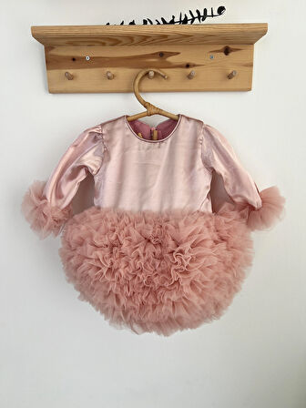 Kız Bebek Çocuk Elbise Uzun Kollu Tüllü Tütü Özel Gün Parti Doğum Günü Prenses Saten Abiye Elbise