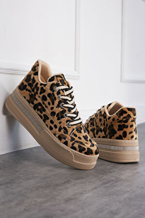 Günlük Kadın Sneaker Gizli Kalın Topuklu  Taş Detaylı  Oval Burun Bağcıklı Spor Ayakkabı F70 