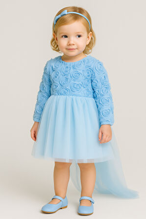 Kız Bebek Mavi Elbise Uzun Kollu Fiyonklu Doğum Günü Parti Düğün Özel Gün Tüllü Astarlı Prenses 