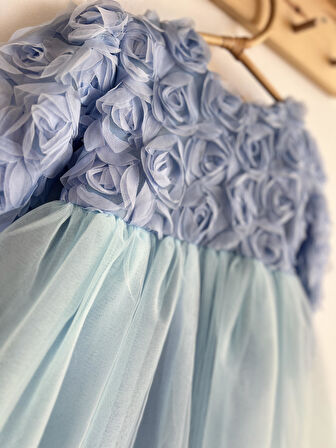 Kız Bebek Mavi Elbise Uzun Kollu Fiyonklu Doğum Günü Parti Düğün Özel Gün Tüllü Astarlı Prenses 