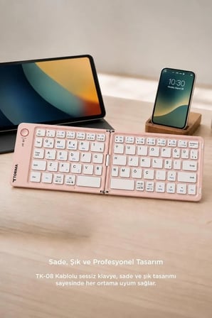 Bilgisayar Tablet Kablosuz Klavye Bluetooth Katlanabilir Şarjlı Mini Klavye TK08 Pembe