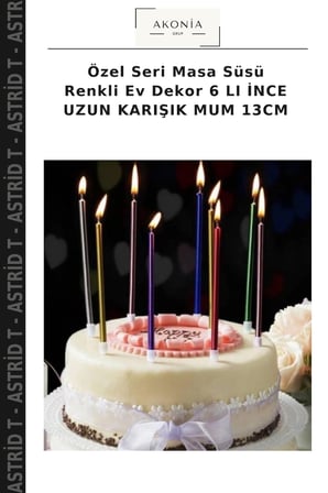 Özel Seri Masa Süsü Renkli Ev Dekor 6 LI İNCE UZUN KARIŞIK MUM 13CM