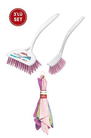 Flora 3’lü Temizlik Seti, F367 Bulaşık Fırçası + F388 Lavabo Küvet Fırçası + F222 Mikrofiber Bez Seti