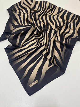 Armine Zebra Desenli Twill (Tivil) İpek Eşarp Siyah Vizon
