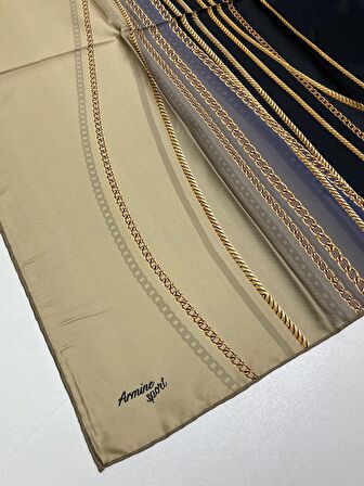 Armine Sport twill (tivil) Nostalji Zincir Desen Eşarp Vizon Gold Siyah 