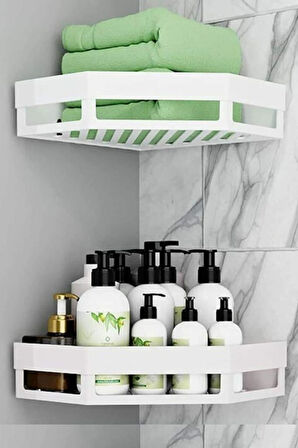 2 Adet Yapışkanlı Köşeli Raf, Vidalama Gerektirmeyen Banyo Duş Şampuan Mutfak Baharat Rafı Beyaz