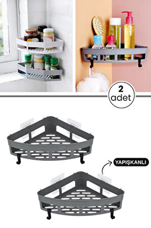 2 Adet Yapışkanlı Köşeli Raf, Vidalama Gerektirmeyen Banyo Duş Şampuan Mutfak Baharat Rafı Gri