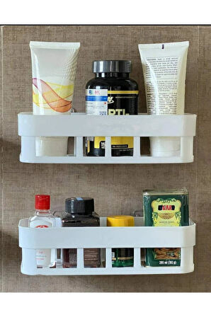 2 Adet Yapışkanlı Plastik Raf, Delme Vida Gerektirmeyen Banyo Duş Şampuan Mutfak Baharat Rafı Beyaz