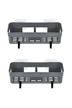 2 Adet Yapışkanlı Plastik Raf, Delme Vida Gerektirmeyen Banyo Duş Şampuan Mutfak Baharat Rafı Gri