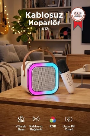Özel Üretim Bluetooth Hoparlör Mikrofonlu Speaker K12 Beyaz Toplantı Eğlence Hediye