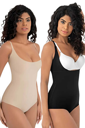 Uniquetrenders Kadın Lazer Kesim İz Yapmaz Göğüs Destekli Askılı Toparlayıcı Body Slip Korse 2'li Set