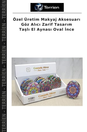Özel Üretim Makyaj Aksesuarı Göz Alıcı Zarif Tasarım Taşlı El Aynası Oval İnce