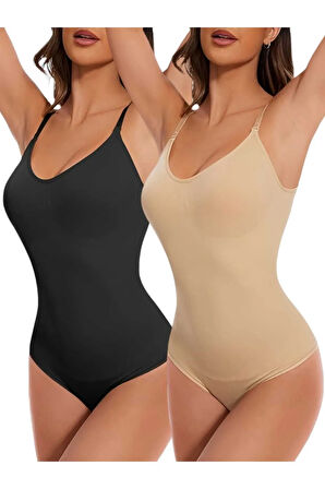 Uniquetrenders Kadın Dikişsiz Toparlayıcı ve İnceltici Çıtçıtlı İp Askılı Slip Body  Korse 2'li Set