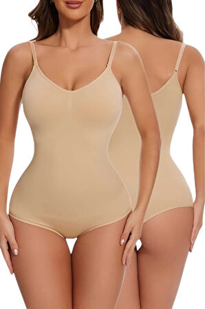 Uniquetrenders Kadın Dikişsiz Toparlayıcı ve İnceltici Çıtçıtlı İp Askılı Slip Body  Korse 2'li Set