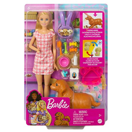 FABBATOYS HCK75 Barbie ve Yeni Doğan Köpekler Oyun Seti, Barbie ve Hayvanları