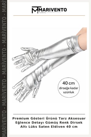 Premium Gösteri Ürünü Tarz Aksesuar Eğlence Detayı Gümüş Renk Dirsek Altı Lüks Saten Eldiven 40 cm