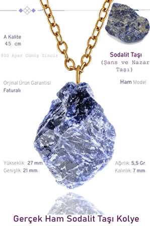 Sertifikalı Ham İşlenmemiş Sodalit Taşı Kolye - 24k Altın Kaplama