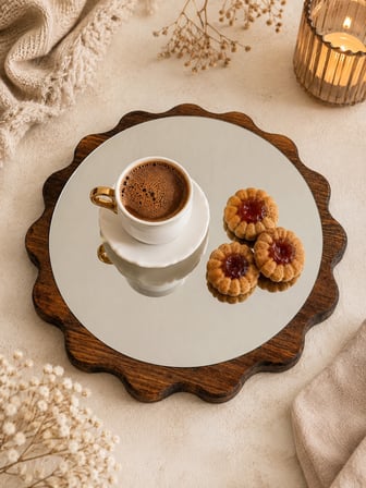 fam wood art Büyük Boy Gümüş Papatya Ahşap Sunumluk ,Supla ,Nihale ,Kahvelik ,Pasta ve Kek Standı,Aynalı %100 Çam
