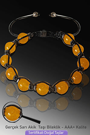 Sertifikalı Makrome Hematitli Gerçek Sarı Akik Taşı Bileklik - Ayarlamalı