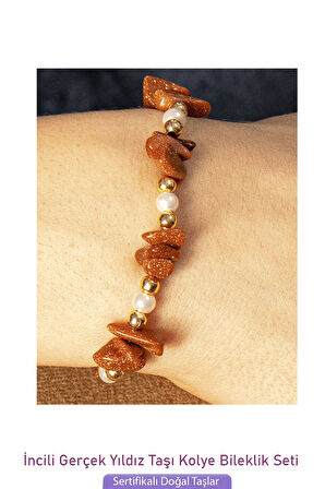 Sertifikalı İncili Kahverengi Yıldız Taşlı Doğal Taş Kolye Bileklik Seti