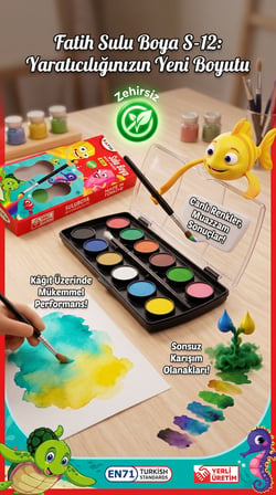 Fatih Sulu Boya S-12 12 Renk Tablet 3'lü Avantaj Paket Yıkanabilir Okul Boyası Seti