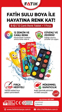 Fatih Sulu Boya S-12 12 Renk Yarım Tablet Yıkanabilir Okul Resim Boyası Sanat Seti Kutulu