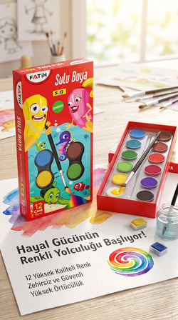 Fatih Sulu Boya S-12 12 Renk Yarım Tablet Yıkanabilir Okul Resim Boyası Sanat Seti Kutulu