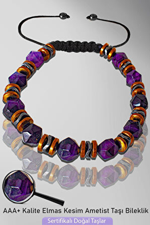 Sertifikalı Rose Hematitli Elmas Kesim Doğal Ametist Taşı Bileklik - Ayarlamalı
