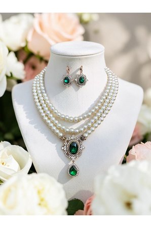 Yeşil Kristal Taşlı İnci Kolye ve Küpe Seti