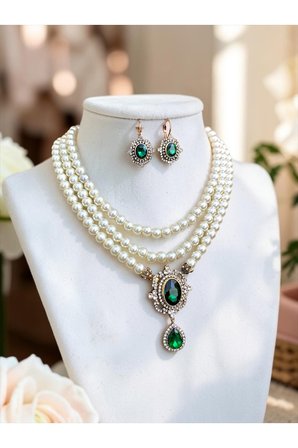 Yeşil Kristal Taşlı İnci Kolye ve Küpe Seti