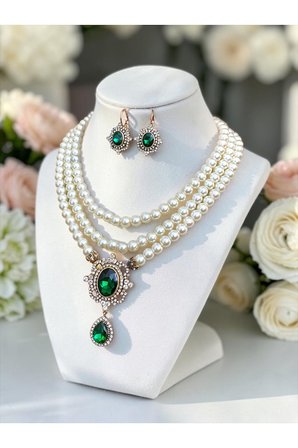 Yeşil Kristal Taşlı İnci Kolye ve Küpe Seti