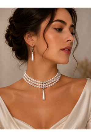 Kristal Taşlı Üç Sıra İnci Tasma Kolye ve İnci Küpe Seti