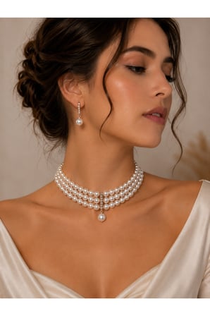 Kristal Taşlı Üç Sıra İnci Tasma Kolye ve İnci Küpe Seti