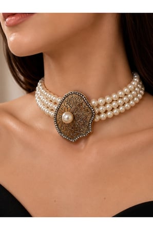 Zirkon Taşlı Choker İnci Kolye Deniz Kabuğu Figürlü