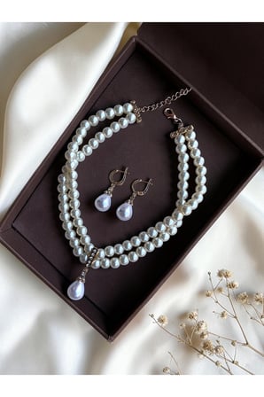 Zirkon Taşlı Tasma Choker İnci Kolye ve İnci Küpe Seti Düğün Nikah Kına