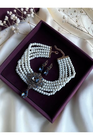 Baget Ve Su Damlası İnci Choker Tasma Kolye ve Küpe Seti