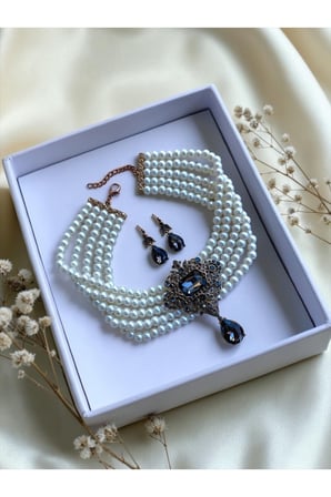 Baget Ve Su Damlası İnci Choker Tasma Kolye ve Küpe Seti