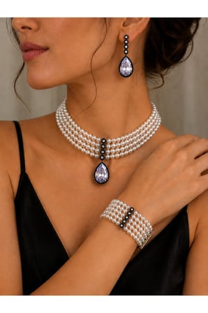 Zirkon Taşlı Tasma Choker İnci Kolye Su Yolu Damla Küpe ve İnci Bileklik Seti