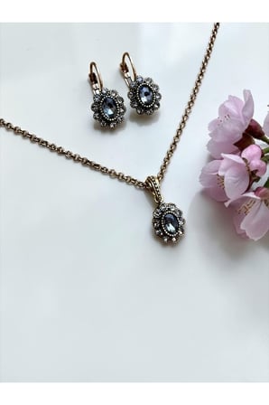 Kristal Taşlı Oval Kolye ve Küpe Seti
