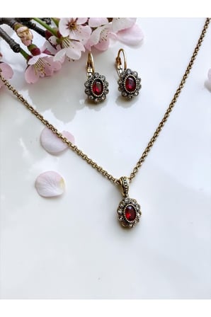 Kristal Taşlı Oval Kolye ve Küpe Seti