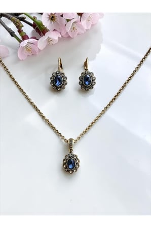 Kristal Taşlı Oval Kolye ve Küpe Seti