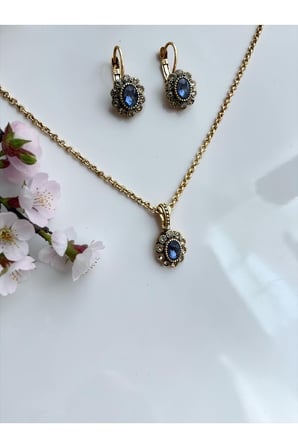 Kristal Taşlı Oval Kolye ve Küpe Seti