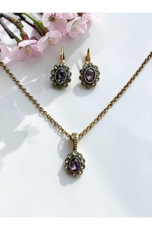Kristal Taşlı Oval Kolye ve Küpe Seti