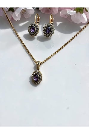 Kristal Taşlı Oval Kolye ve Küpe Seti