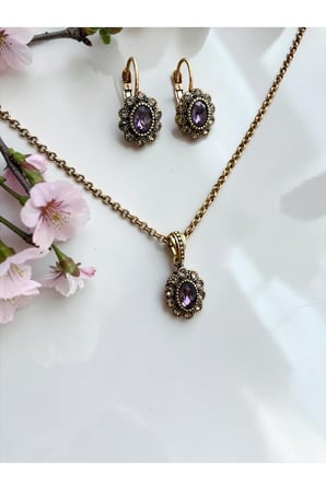 Kristal Taşlı Oval Kolye ve Küpe Seti