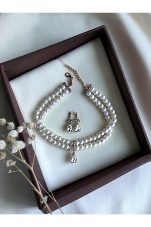 Zirkon Taşlı Su Damlası Sallantılı Tasma Choker İnci Kolye ve Küpe Seti Düğün Nikah Kına