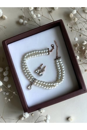 Zirkon Taşlı Su Damlası Sallantılı Tasma Choker İnci Kolye ve Küpe Seti Düğün Nikah Kına