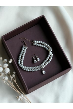 Zirkon Taşlı Su Damlası Sallantılı Tasma Choker İnci Kolye ve Küpe Seti Düğün Nikah Kına